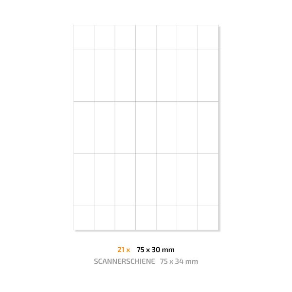10 Bögen | Etiketteneinleger für Scannerschiene im Format 75 x 34 mm auf perforiertem A4 Bogen