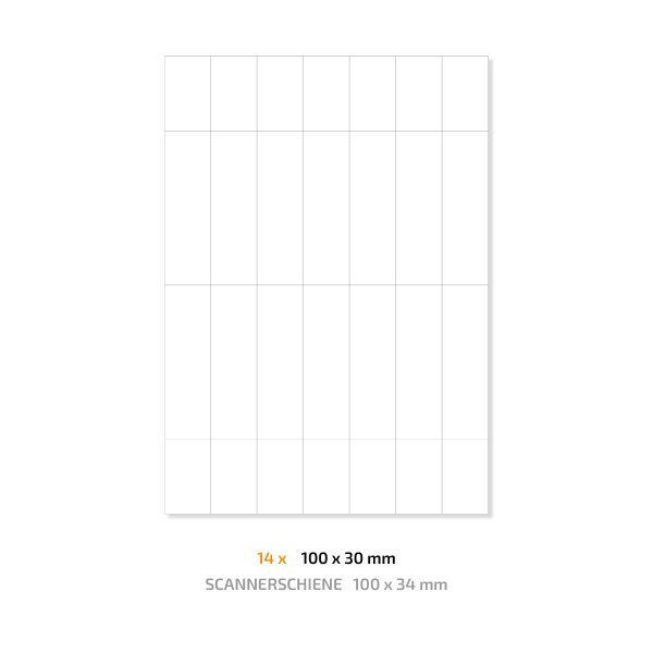 10 Bögen | Etiketteneinleger für Scannerschiene im Format 100 x 34 mm auf perforiertem A4 Bogen