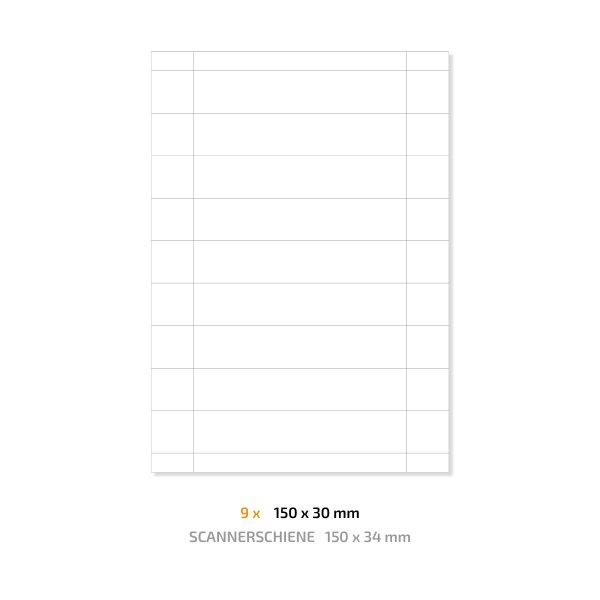 10 Bögen | Etiketteneinleger für Scannerschiene im Format 150 x 34 mm auf perforiertem A4 Bogen